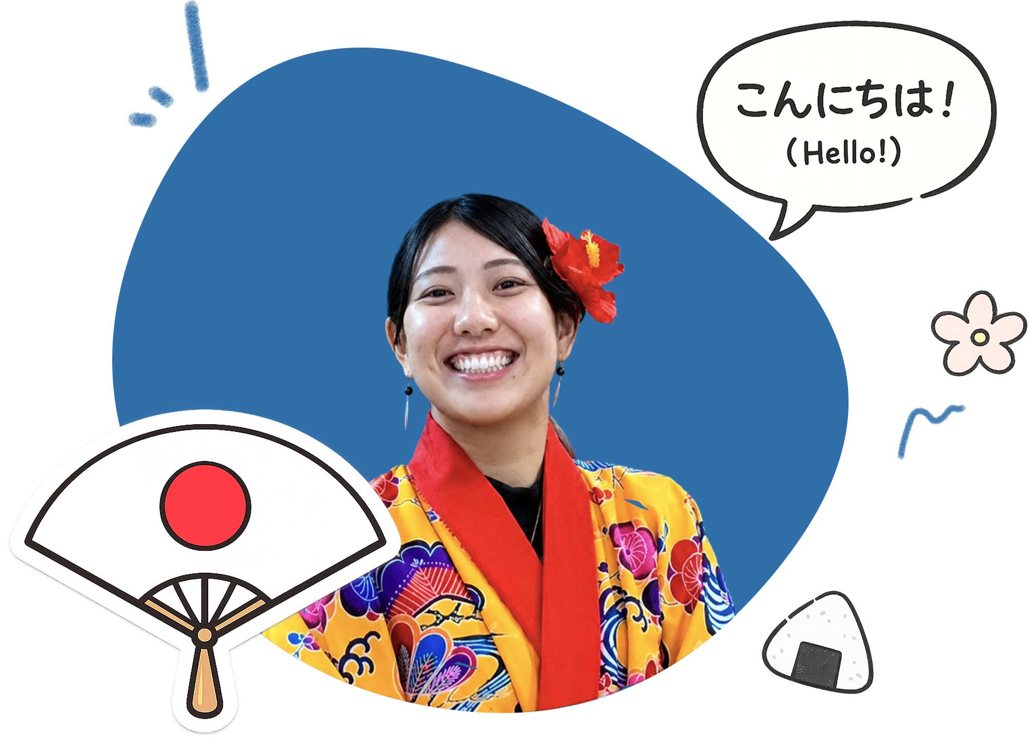 Shoko, your Japanese teacher, in a kimono, waving hello, with a paper fan and onigiri illustration